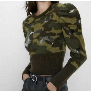 Zara Green Camouflage Puff-Sleeve Crewneck Sweater